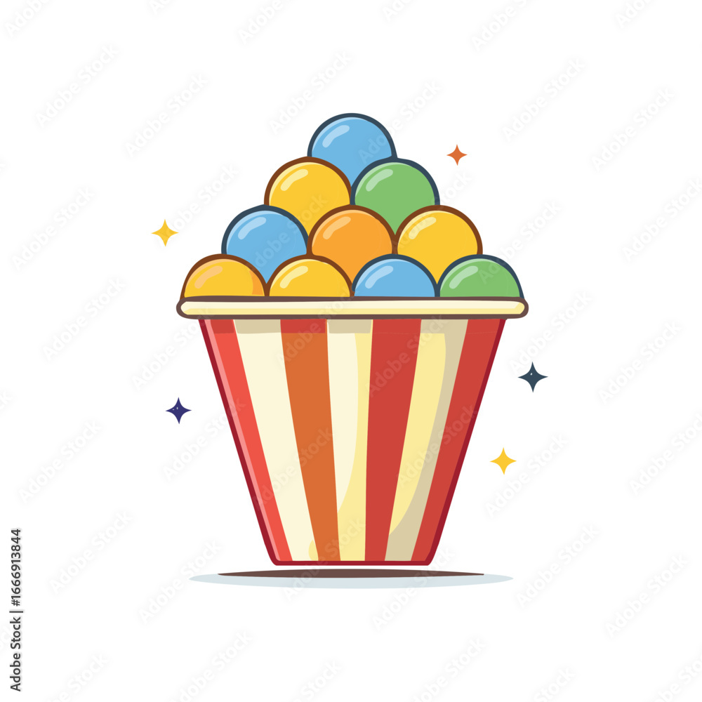 Poster cartoon colorful ice cream balls in a striped bucket with star sparkles isolated