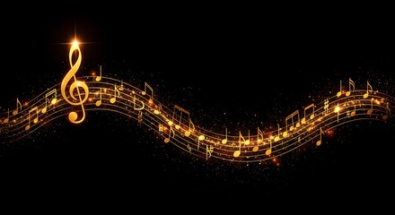 Golden musical notes and treble clef illuminated by sparkling lights against a dark background