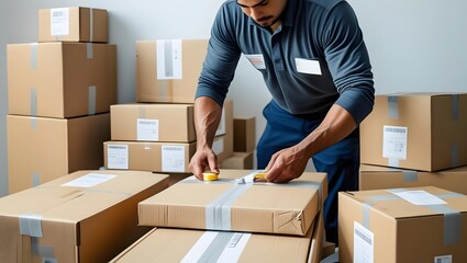 Moving Boxes: A dedicated delivery person meticulously seals a sturdy cardboard box, surrounded by a neat stack of packed containers, symbolizing the beginning of a new journey. 