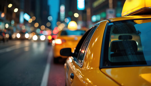 Yellow taxis line city street at night. Blurred lights create bokeh effect. Modern taxi app service for easy booking, ride requests, navigation, and fare estimates. Fast, reliable transportation. - Powered by Adobe
