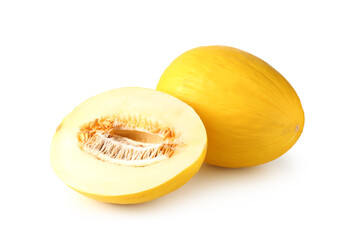 Whole and cut ripe melons isolated on white