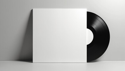 Blank white vinyl record sleeve with black vinyl disc shown. Clean, minimalist design perfect for music promotion, album art, or marketing templates. Retro vibe, isolated object for creative projects.