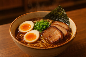 Japanese ramen served in a ceramic bowl