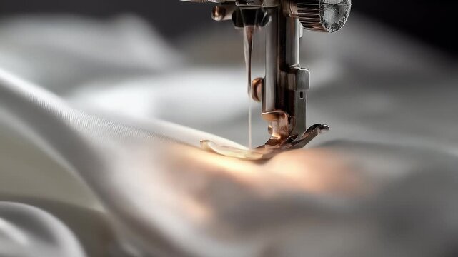 Close-up of a sewing machine needle piercing white fabric