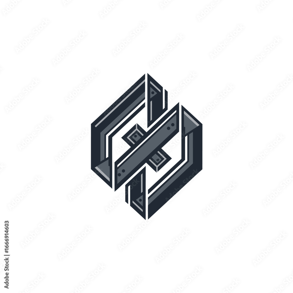 Poster Modern abstract logo featuring a hexagonal design with interlocking metal elements.