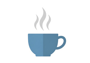 A stylized illustration of a steaming blue coffee cup against a black backdrop.