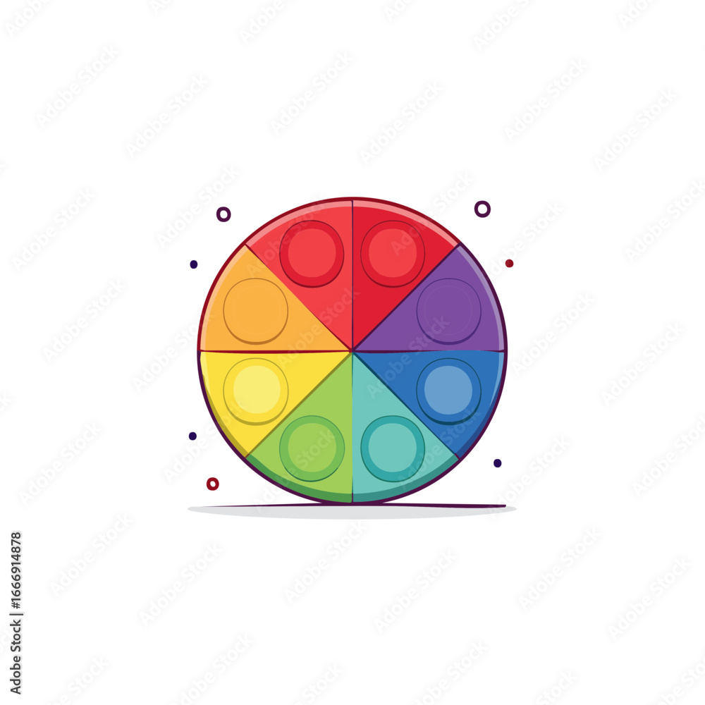 Poster vibrant segmented color wheel displaying a rainbow palette and symmetrical design with a flat vector