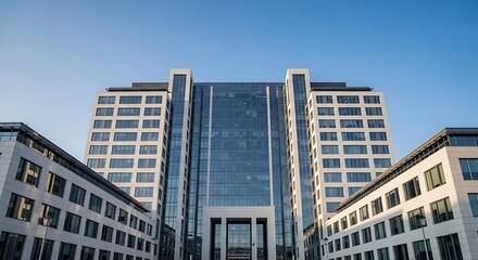 Fototapeta premium Modern office building facade with glass and panel details.