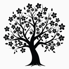 Obraz premium Graphic Black Tree with Round Canopy Adorned with Detailed Flower Blossoms and Few Leaves