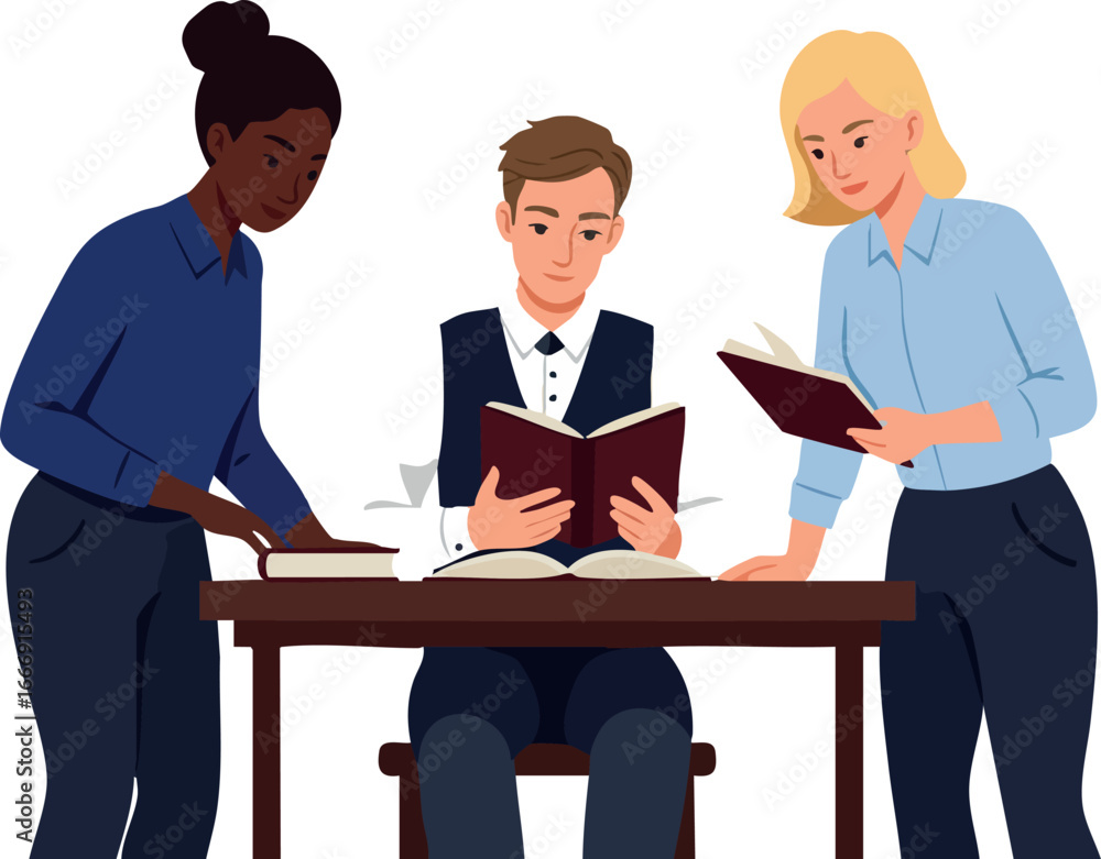 Poster diverse group of people collaborating with books at table in office setting teamwork concept