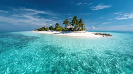 Naklejka premium A small tropical island features lush palm trees and a white sandy beach surrounded by vibrant, clear turquoise waters under a sunny sky. Perfect for relaxation and escape