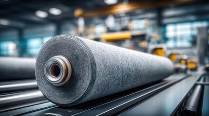 A large industrial roll of material sits on a factory conveyor system, ready for processing.