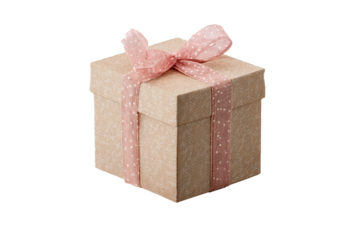 Beige Gift Box with Pink Polka Dot Ribbon Bow, isolated on white transparent background