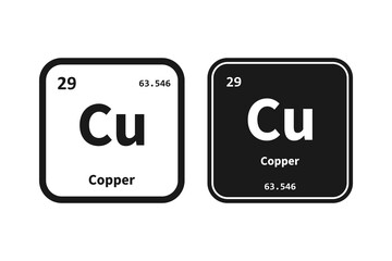 Copper, Cu, chemical periodic table element icon. The chemical element of the periodic table. Icon with molar mass and atomic number for lab, science or chemistry class.