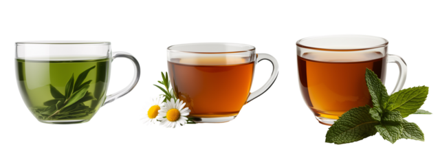 A close-up of a glass cup of herbal tea with floating chamomile and mind flowers isolated on transparent background	