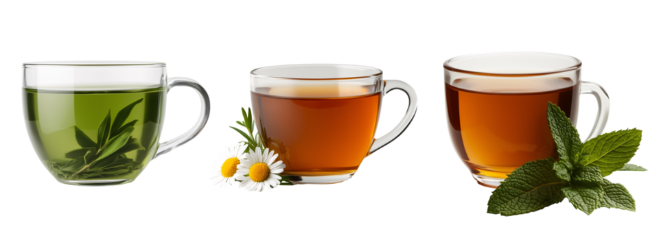 A close-up of a glass cup of herbal tea with floating chamomile and mind flowers isolated on transparent background	