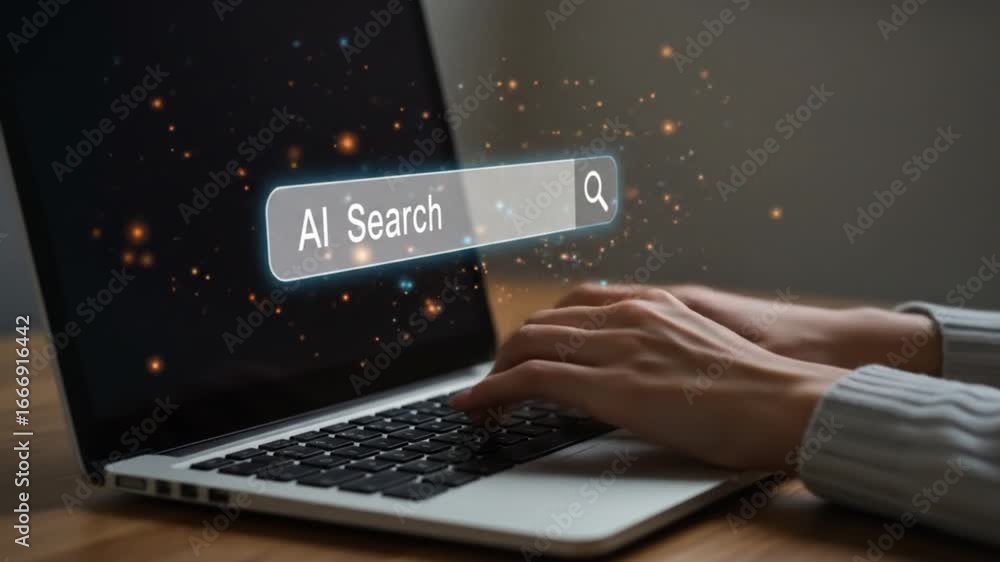 Poster hands typing ai search query on laptop with glowing effect, modern technology concept