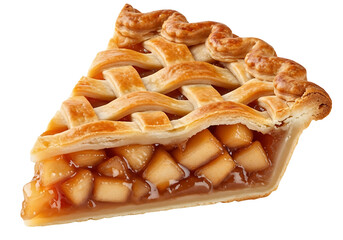 Close-up of a delectable slice of pie, showcasing its golden-brown lattice crust and filling of diced apples.