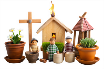 A charming religious scene with a wooden church cross figures and potted plants isolated on white background