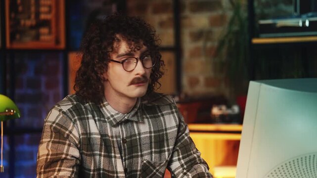 Humorous nerdy guy winking at camera while typing on keyboard in vintage office