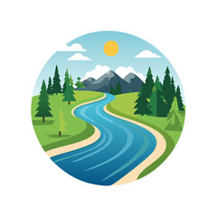 Winding river flows through green forest and mountains under sunny sky