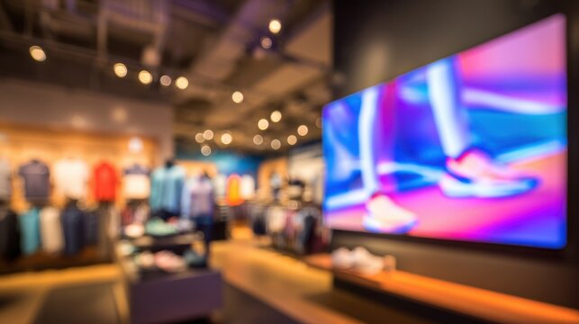 Medium shot capturing a wallmounted digital signage panel illuminating a retail environment with sharp promotional content background defocused to emphasize modern marketing