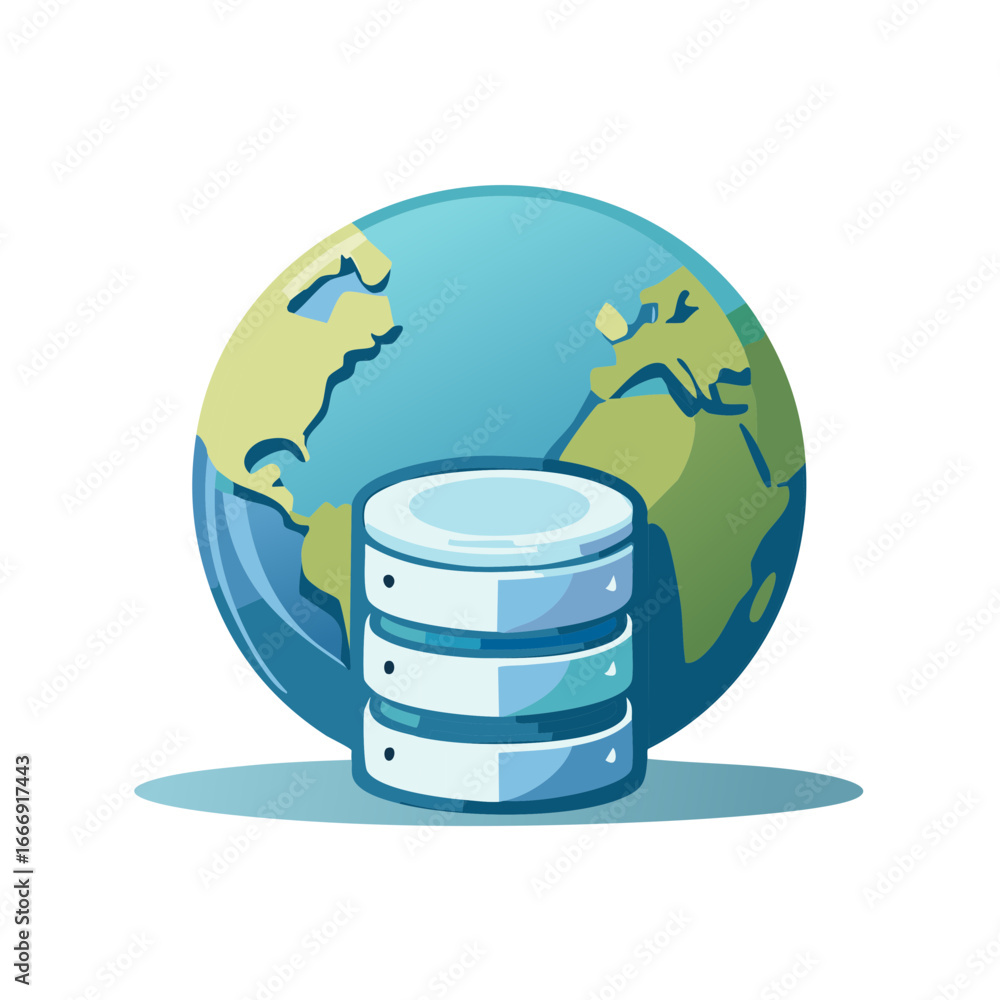 Aufkleber global data storage server network concept with globe icon and database server