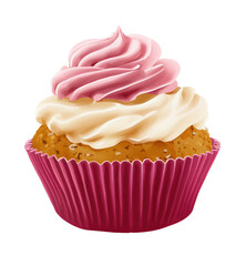 Delicious cupcake with pink and white frosting on a transparent background for festive occasions and celebrations