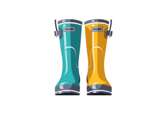 Two vibrant rubber boots, teal and sunshine yellow, stand out against a dark background, highlighting their cheerful and practical design.