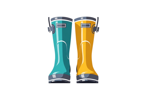 Two vibrant rubber boots, teal and sunshine yellow, stand out against a dark background, highlighting their cheerful and practical design. - Powered by Adobe