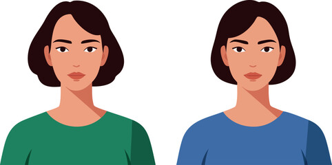 Fototapeta premium Two women portraits with brown hair in green and blue shirts simple vector illustration 