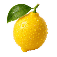 Fresh lemon with water droplets and green leaf on white background  