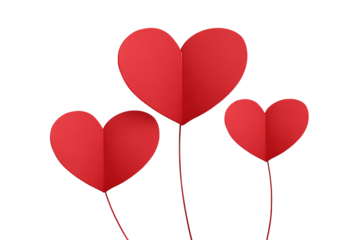 Three Red Paper Hearts with Strings, Isolated on White Transparent Background