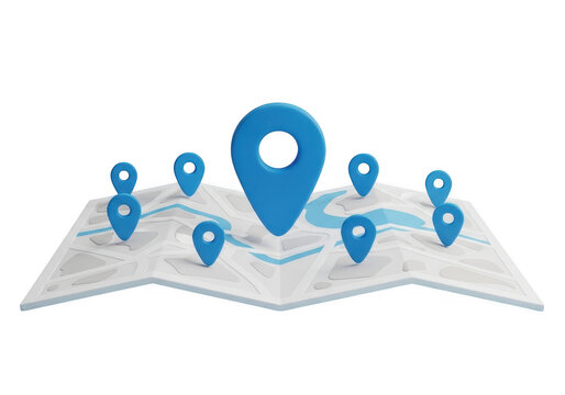 Map with blue location pins isolated on transparent background