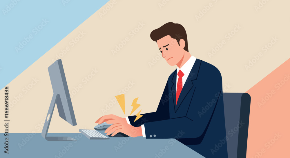 Aufkleber man using computer experiencing wrist pain in office setting vector illustration
