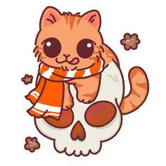 Cute Halloween Cat on Skull, Happy Kitten with Scarf and Spooky Treats