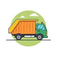Cartoon Dump Truck with Orange Bed and Green Cab on Green Circle Background