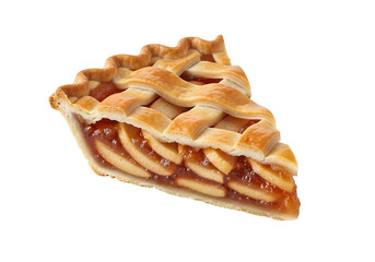 A close-up view of a golden-brown  pie slice against a black backdrop, showcasing the flaky, lattice-top crust and the sweet, spiced  filling.