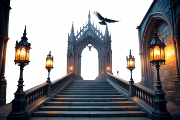 Ornate gothic staircase with lanterns and a bird silhouette leading to a dark archway isolated on white background