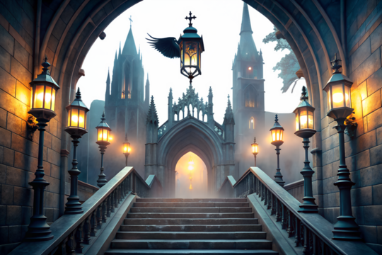 Enchanting gothic castle entrance with ornate lanterns and spooky atmosphere isolated on white background