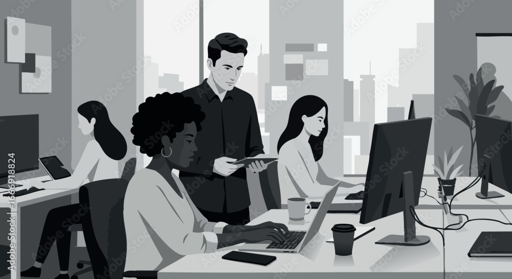Poster diverse team collaborating in modern office workspace with computers and documents