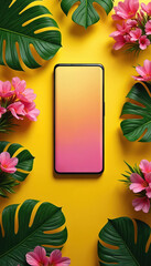 Modern smartphone rests on vibrant yellow background amid rich tropical leaves, bright pink flowers. Gradient screen displays yellow to pink. Minimalist, stylish design offers contrast, fresh,