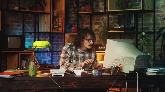 Geeky IT specialist reading shocking email on computer in retro office, zoom-in