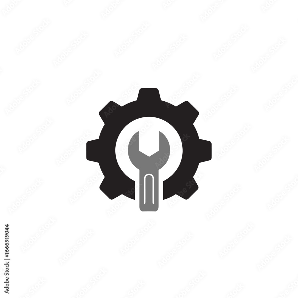 Poster a simple yet powerful logo featuring a gear and wrench, symbolizing technical expertise and problem-