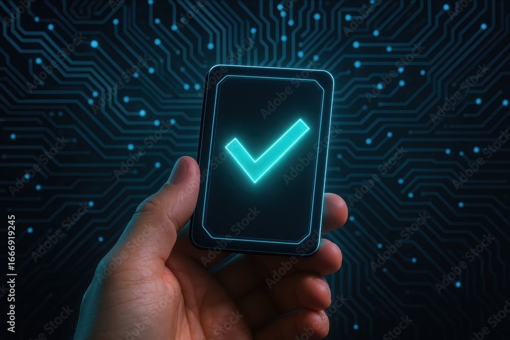Poster digital validation: a person's hand delicately holds a glowing digital card against a dynamic circui