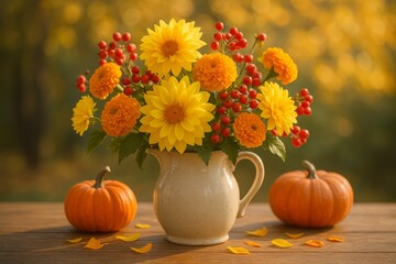 Vibrant autumn flower arrangement with pumpkins in a natural setting showcasing seasonal colors and textures