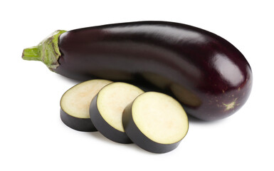 Whole and cut fresh eggplants isolated on white