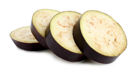 Pieces of fresh eggplant isolated on white