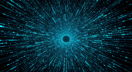 Abstract data tunnel with glowing particles and fast-moving information lines, representing big data. Photorealistic, HD.