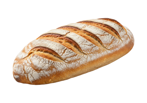 A freshly baked loaf of artisan bread, showcasing its golden-brown crust and distinctive, well-defined slashes, sits against a pure black background.